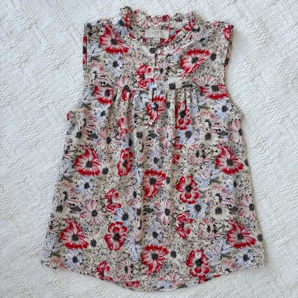 LOFT Outlet Petite XXSP Floral Sleeveless Ruffle Neck Button Front Blouse